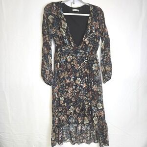 Elana Baldi Italian Silk Blend Plunging V-Neck Floral Hi-Lo Dress, Black, Medium